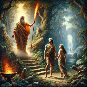 24. En Hij verdreef de mens en plaatste ten oosten van de hof van Eden de cherubs en het vlammende zwaard, dat zich rondom wentelde, om de weg tot de boom des levens te bewaken.