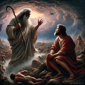 13. Toen zei God tegen Noach: Het einde van alle vlees is door Mij besloten, want de aarde is door hen met geweld vervuld. Zie, Ik ga hen samen met de aarde verderven.